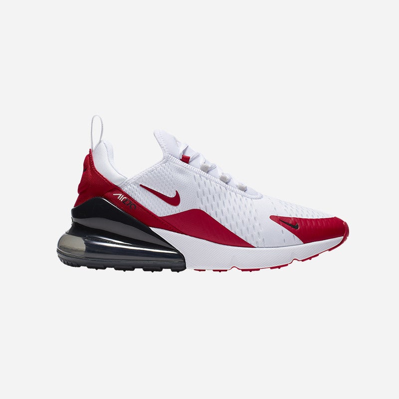 Shop the Men's Nike Air Max 270 in White/University Red/Vast Grey.