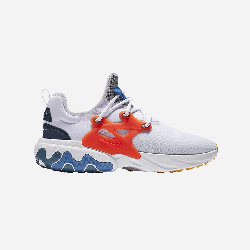 Shop the Men's Nike React Presto in White/Habanero Red/Obsidian/Pacific Blue.