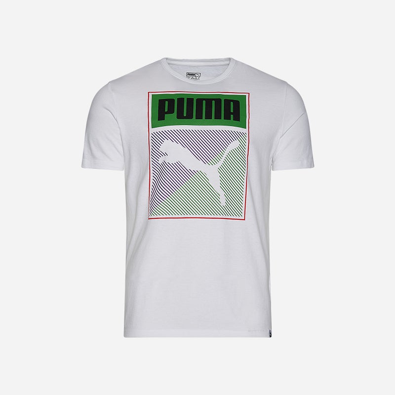 Shop the Men's PUMA Box T-Shirt in White/Purple/Green.