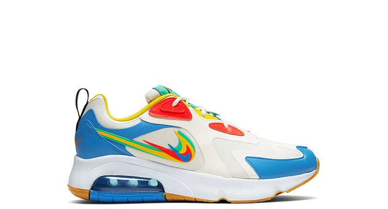 Women's Nike Air Max 200 in Pale Ivory/Bright Crimson/Chrome Yellow.