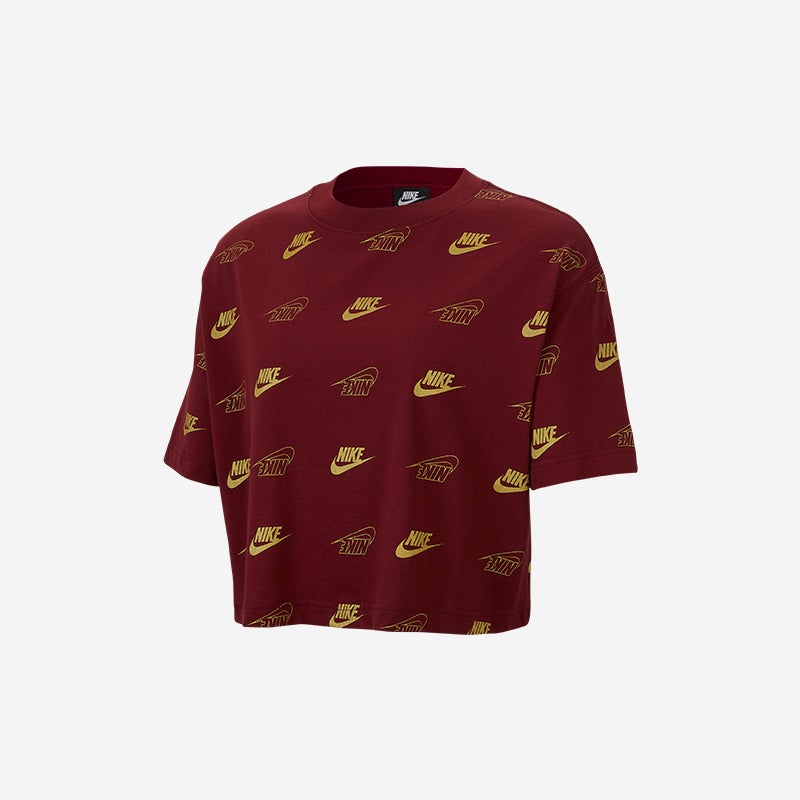 Shop the Women's Nike Glam Dunk Crop T-Shirt in Team Red/Metallic Gold.