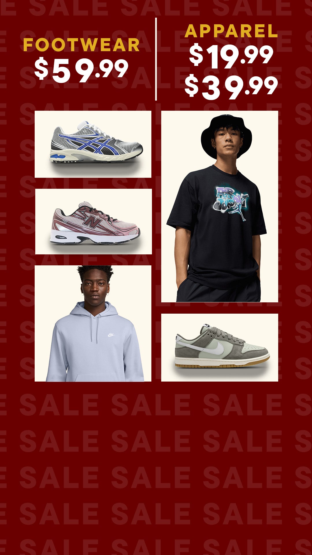 End of Season Sale - Footwear at $59.99 and Apparel at $39.99 and $19.99