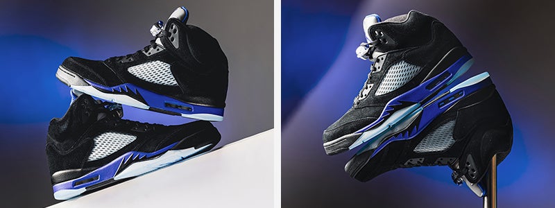 Step out in style rocking this black suede and vibrant blue accented Retro 5.