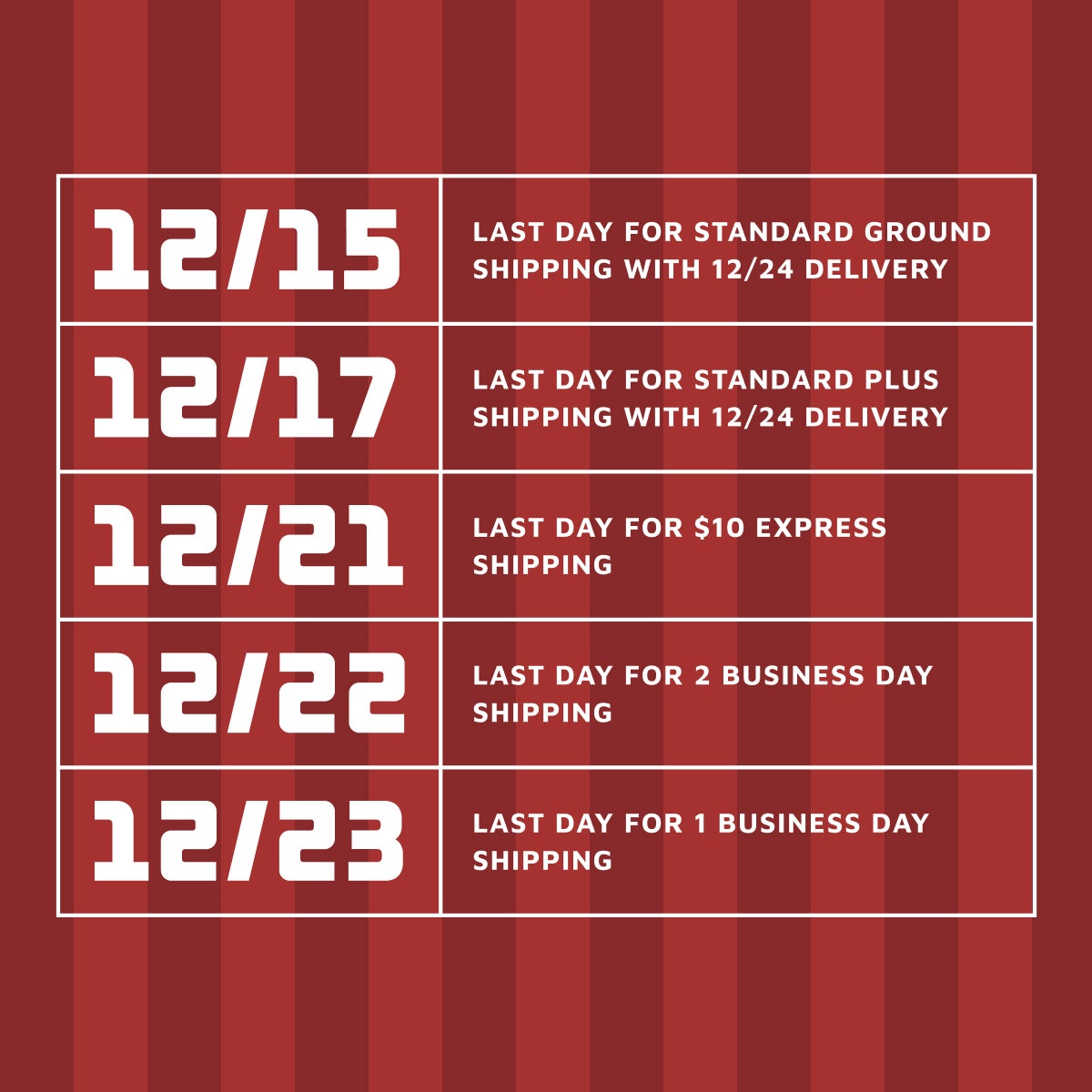 Holiday Shipping Cutoffs