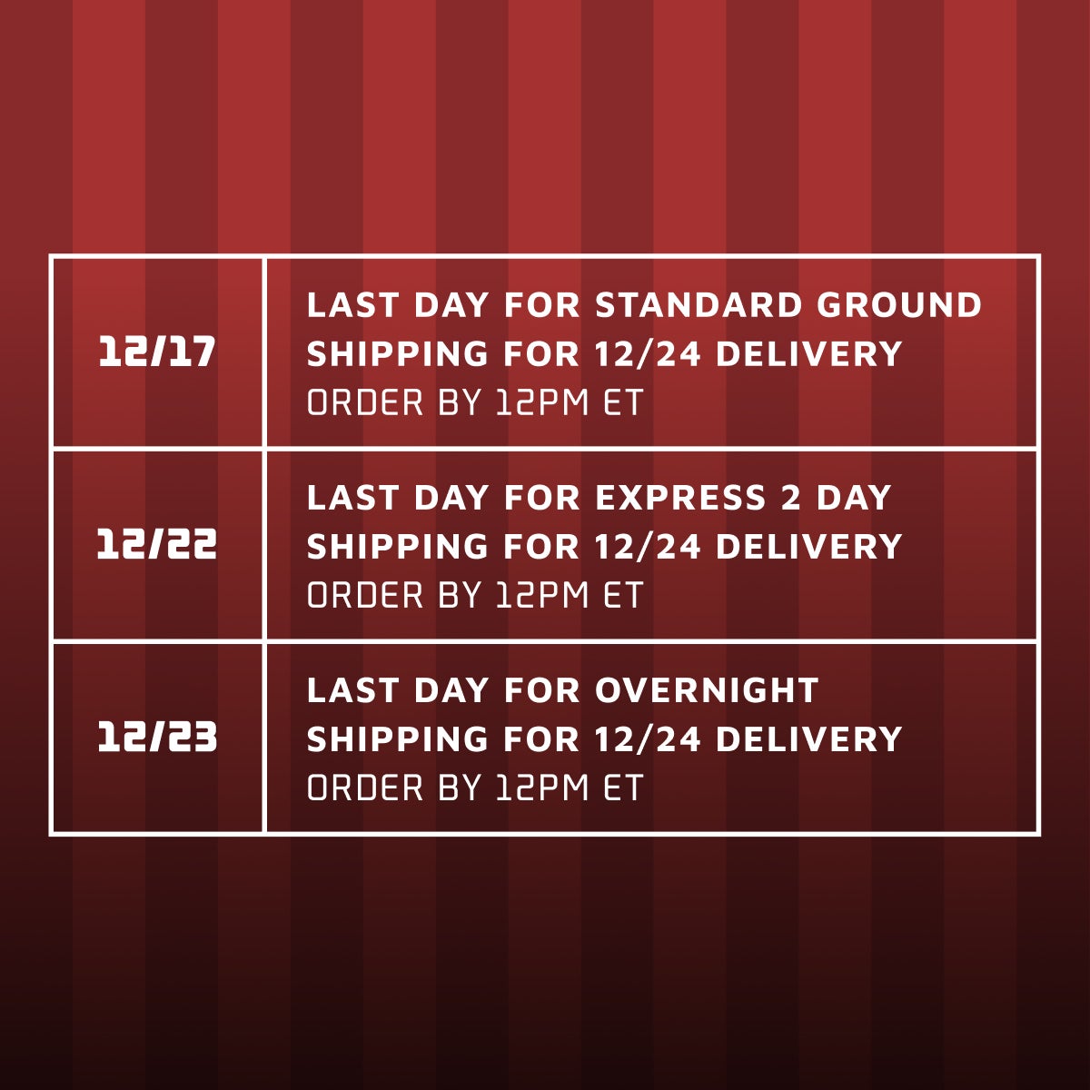 Holiday Shipping Cutoffs