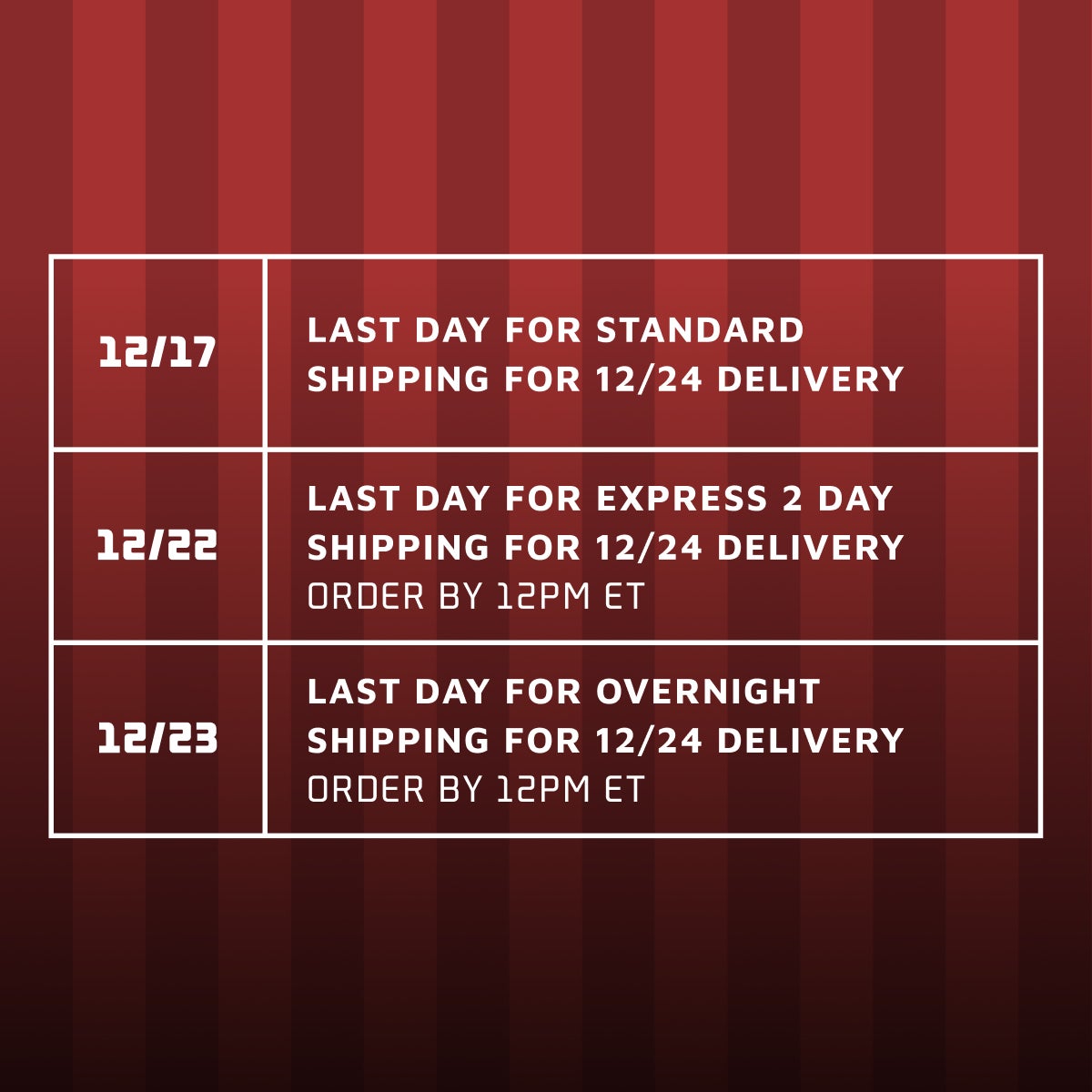 Holiday Shipping Cutoffs