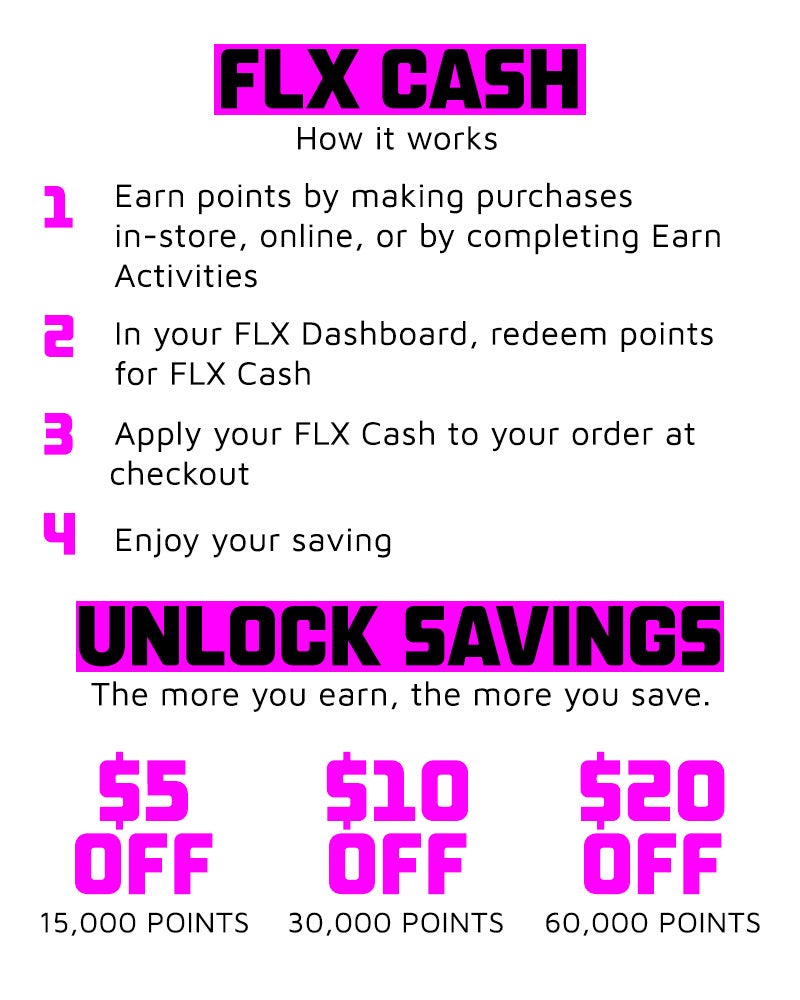 Graphic titled “FLX Cash” explaining how it works, alongside “Unlock Savings.” Steps to use FLX Cash:  Earn points by making purchases in-store, online, or by completing Earn Activities. In the FLX Dashboard, redeem points for FLX Cash. Apply FLX Cash to an order at checkout. Enjoy the savings.  Savings examples shown:  $5 off for 15,000 points $10 off for 30,000 points $20 off for 60,000 points