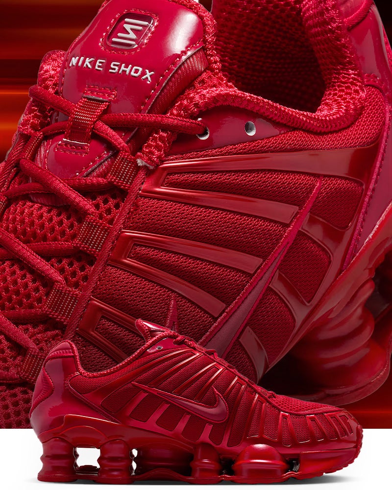NIKE SHOX TL. These Shox go all in with 'Gym Red'. If you’re looking for a show-stopping pair, this drop is the one for you. SHOP SHOX
