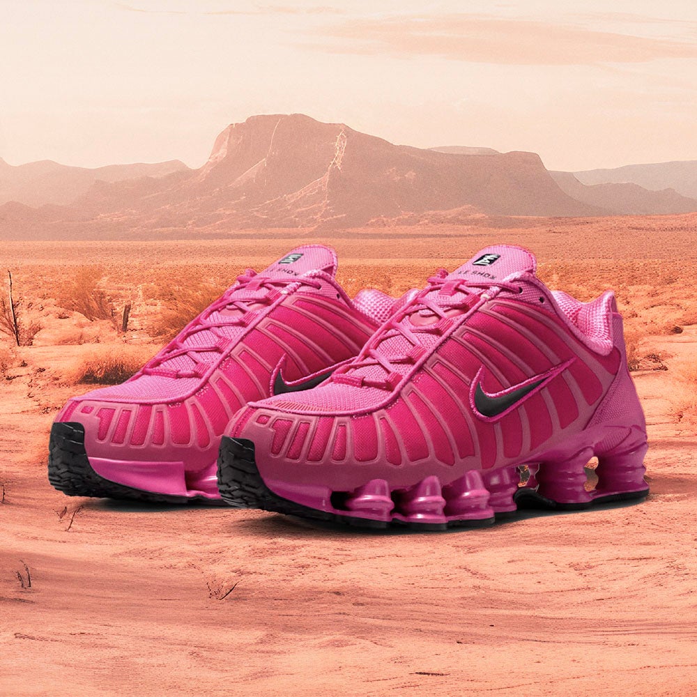 SHOX IN DESERT PINK The Nike Shox TL returns, featuring a vibrant pink gradient and that signature, gravity-defying cushion. SHOP THE DROP