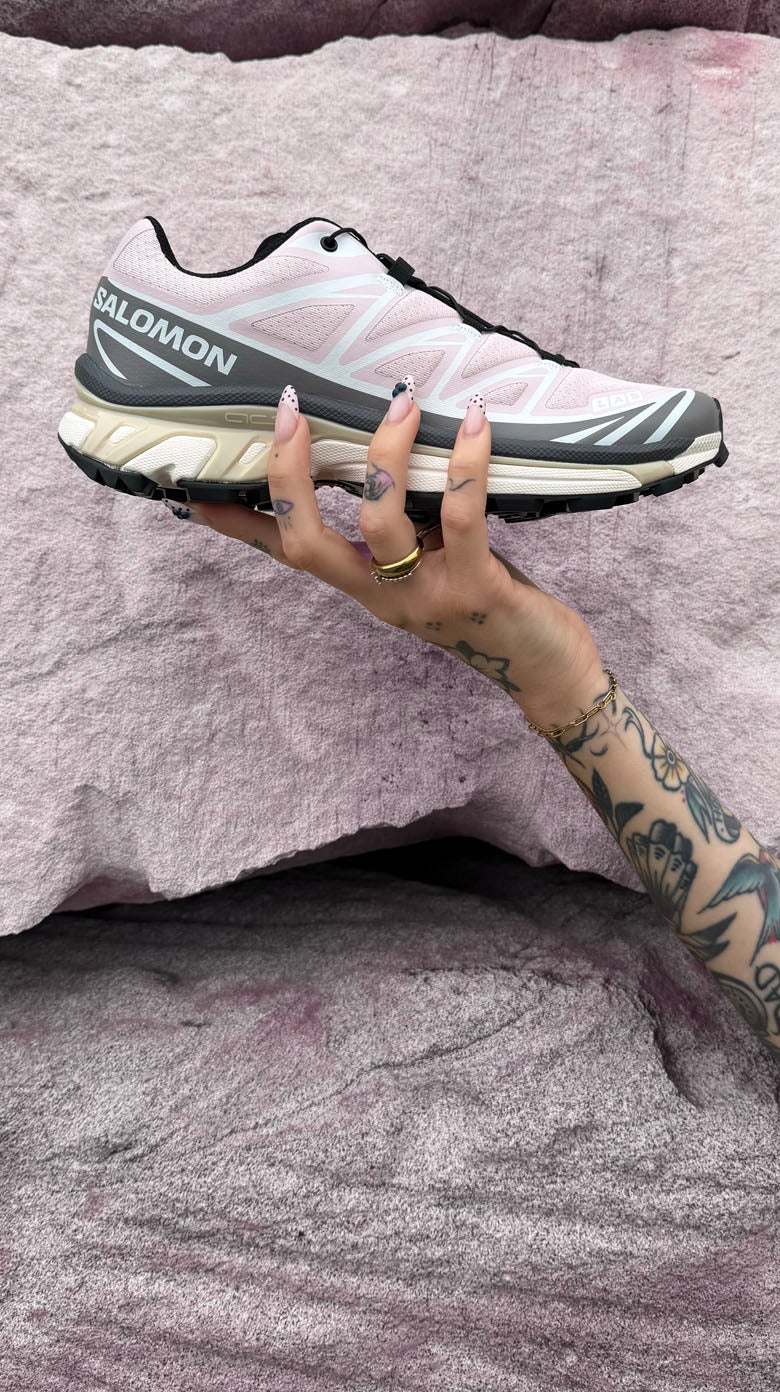 SOFT HUE, STRONG MOVE. The iconic Salomon XT‑6 lands in a soft baby pink colourway with trail DNA. SHOP SALOMON