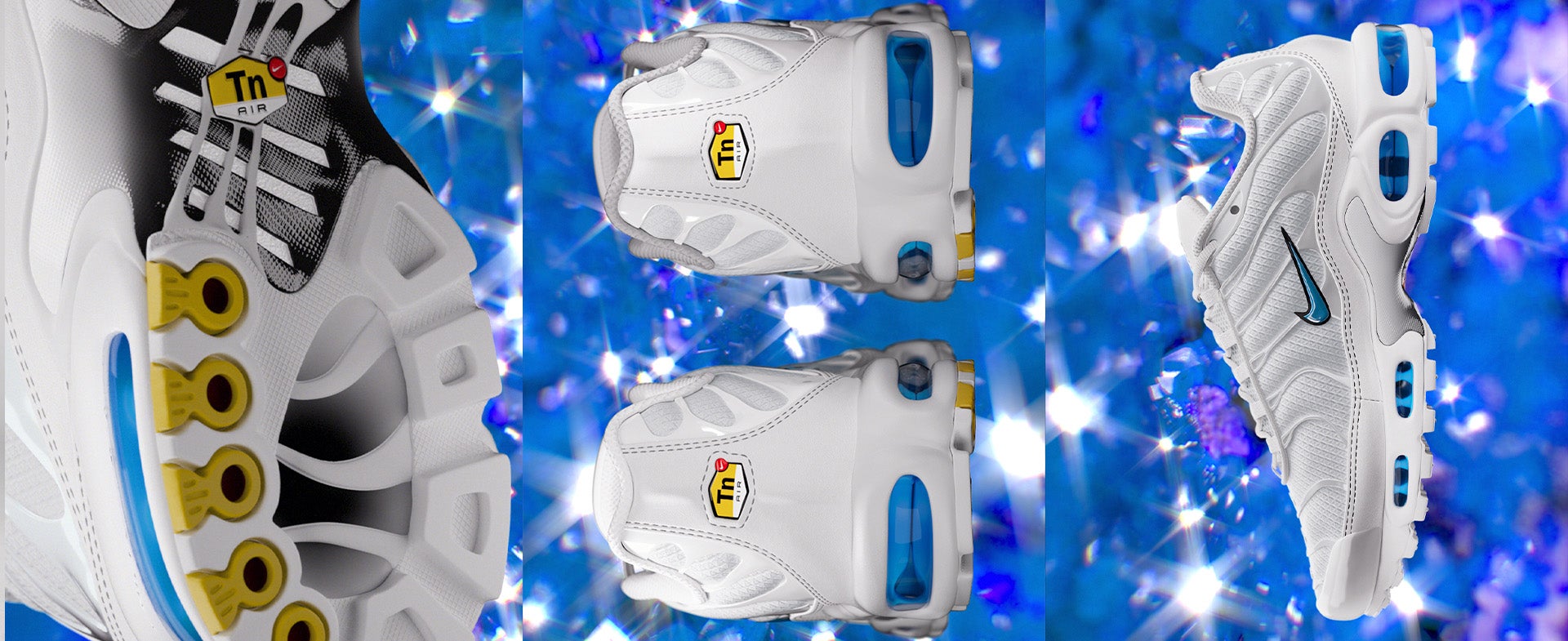 BLUE CRYSTAL The Nike TN1 arrives all white, iced with blue crystal accents and Tuned Air attitude. SHOP THE STYLE