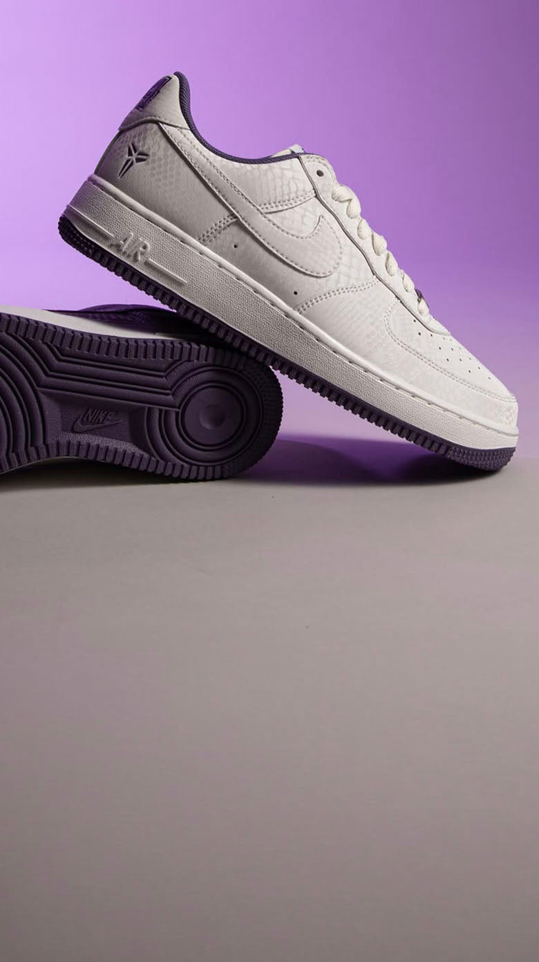 AF1 KOBE LEGACY Classic Air Force 1 style with Kobe‑era attitude in white and purple for an iconic off‑court flex. SHOP THE STYLE