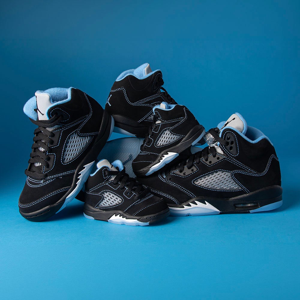 AIR JORDAN 5 AJ5 ‘Black Carolina’ lands in full family size range. SHOP THE STYLE
