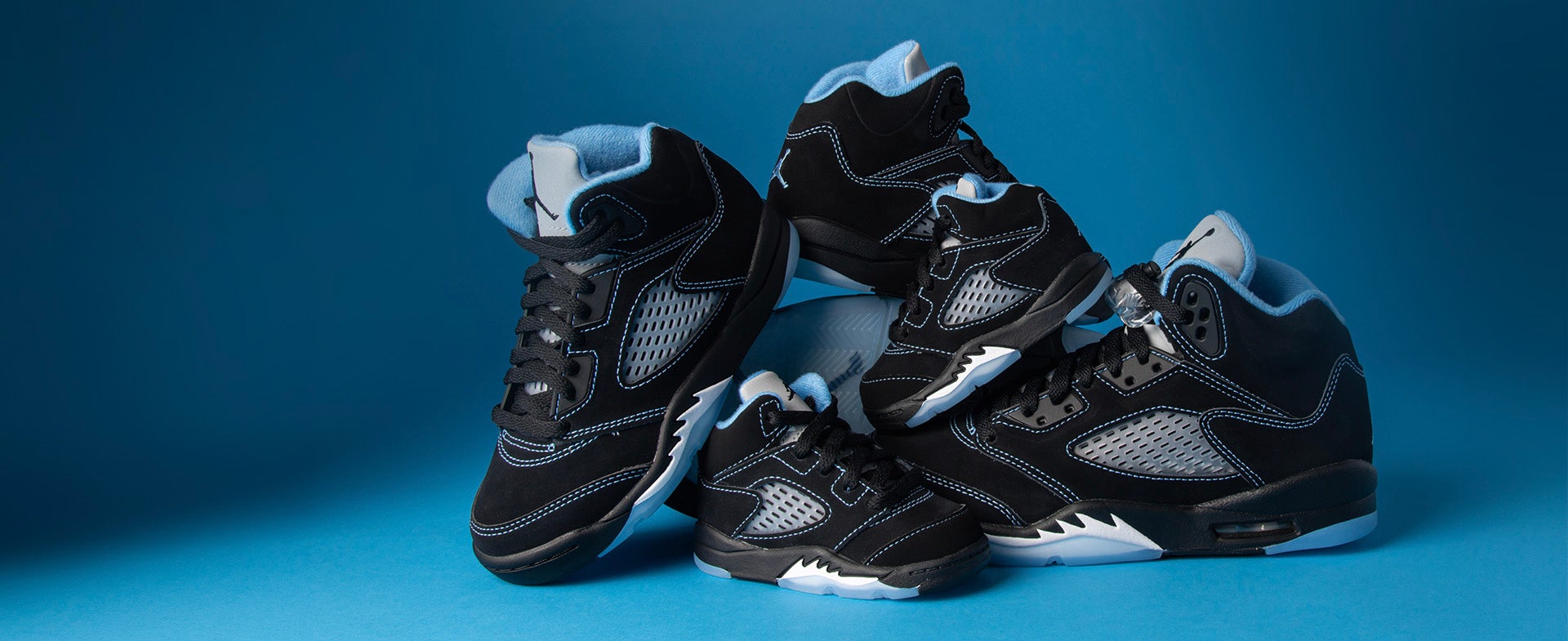 AIR JORDAN 5 AJ5 ‘Black Carolina’ lands in full family size range. SHOP THE STYLE