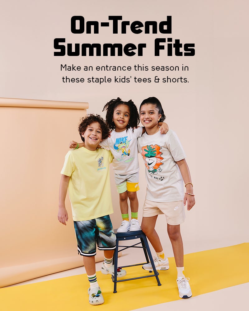 Make an entrance this season in these staple kids' tees & shorts.