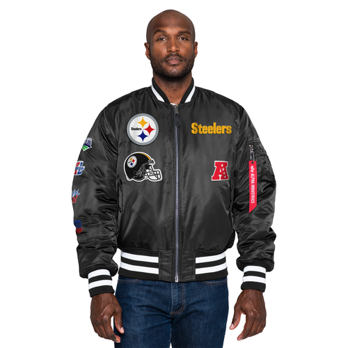 

New Era Mens New Era Steelers Alpha Satin Jacket - Mens Black/Black Size XXL