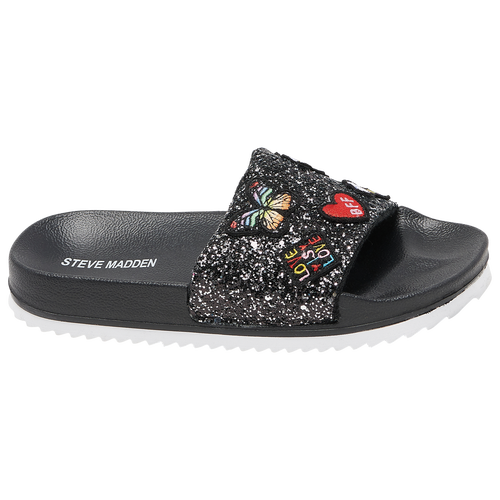 

Girls Steve Madden Steve Madden Stun Slides - Girls' Grade School Shoe Black/Silver Size 05.0
