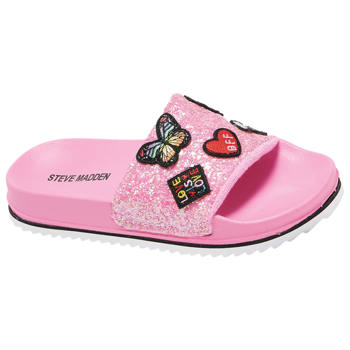 

Girls Steve Madden Steve Madden Stun Slides - Girls' Grade School Shoe Pink/Silver Size 05.0