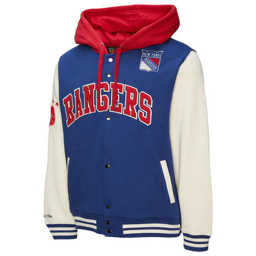 Mitchell & Ness Mens New York Rangers Rangers Courtside Fleece Button Front Jacket - - Navy
