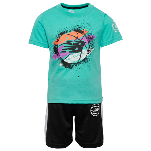 

Boys Preschool New Balance New Balance Basketball T-Shirt/Short Set - Boys' Preschool Black/Cyber Jade Size 4