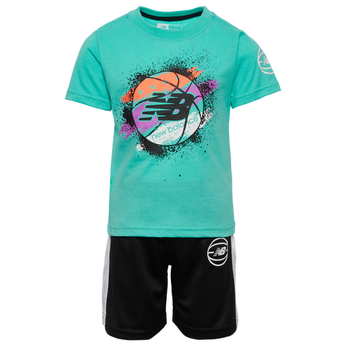 

Boys Preschool New Balance New Balance Basketball T-Shirt/Short Set - Boys' Preschool Black/Cyber Jade Size 7