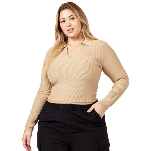 Cozi Womens  Perfect Ribbed Long Sleeve Polo In Oat Milk