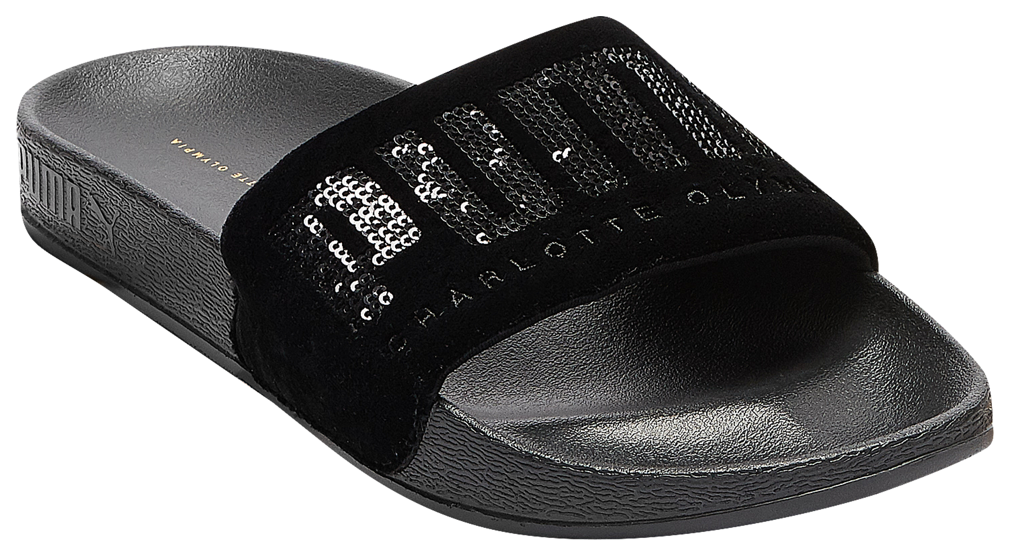 black fluffy puma slides
