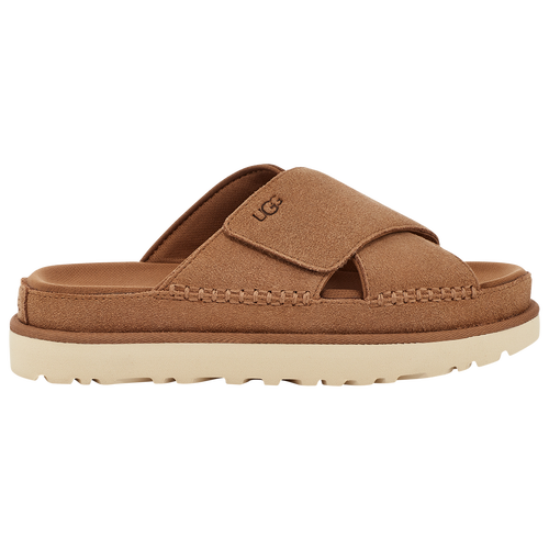 Shop Ugg Womens  Goldenstar Cross Slides In Chestnut/driftwood/moss Green