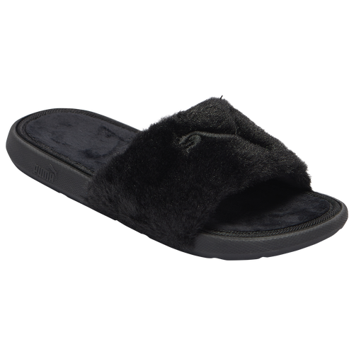 

Girls PUMA PUMA Cool Cat Fluffy Slides - Girls' Grade School Shoe Black/Black Size 06.0