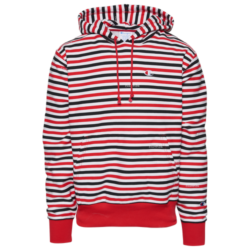 Champion Mens Reverse Weave Aop Hoodie In Text Stripe Scarlet