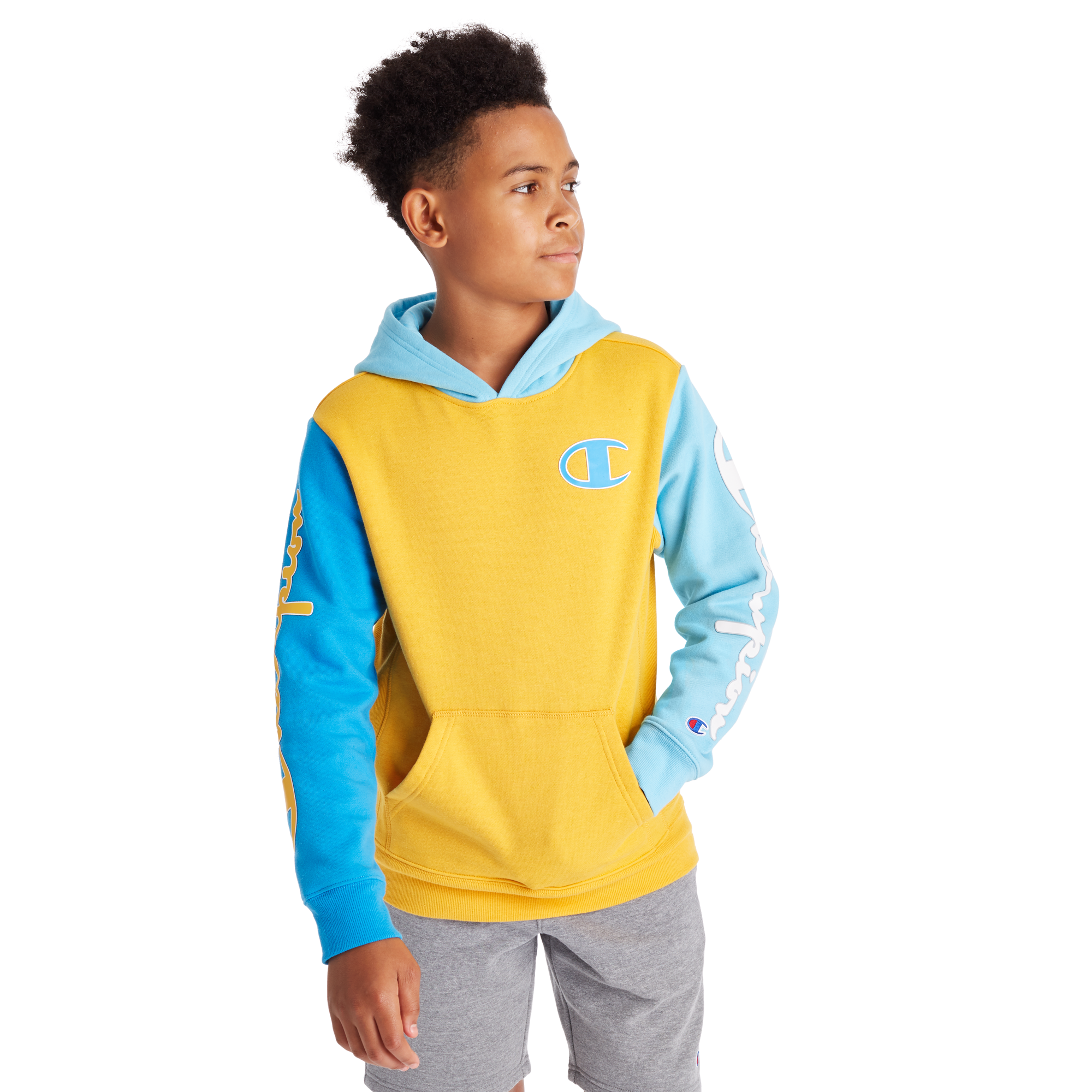 blue and yellow champion hoodie