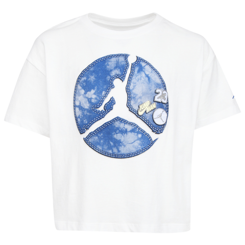 

Jordan Girls Jordan Denim Play T-Shirt - Girls' Grade School White/Blue Size M