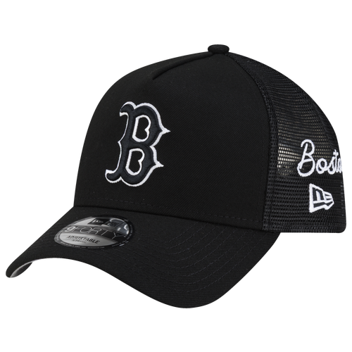New Era Men's Black Boston Red Sox Side Script 9FORTY A-Frame Trucker Adjustable Hat - Black