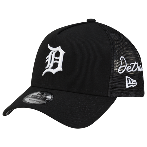 New Era Men's Black Detroit Tigers Side Script 9FORTY A-Frame Trucker Adjustable Hat - Black