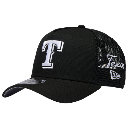 New Era Men's Black Texas Rangers Side Script 9FORTY A-Frame Trucker Adjustable Hat - Black
