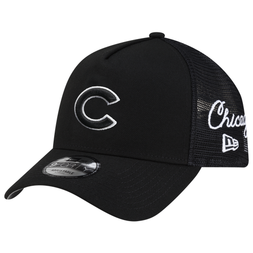 New Era Men's Black Chicago Cubs Side Script 9FORTY A-Frame Trucker Adjustable Hat - Black