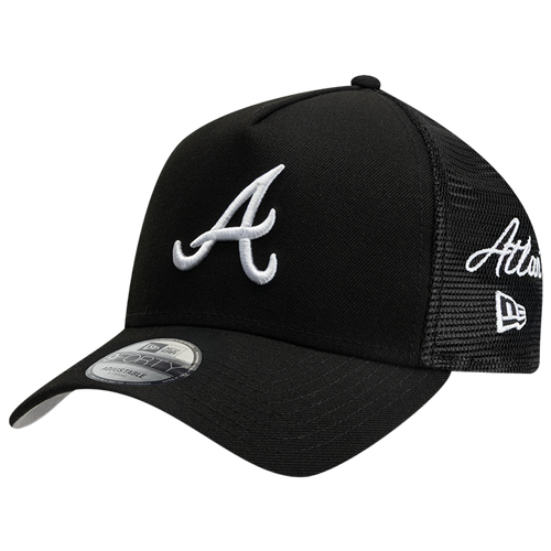 New Era Men's Black Atlanta Braves Side Script 9FORTY A-Frame Trucker Adjustable Hat - Black