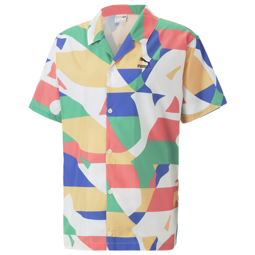 

PUMA Mens PUMA Worldwide All Over Print Button Shirt - Mens White/Orange/Green Size M