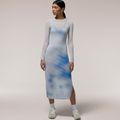 Cozi Long Sleeve Layered Mesh Midi Dress - Cozi Cloud Print/Ombre Blue