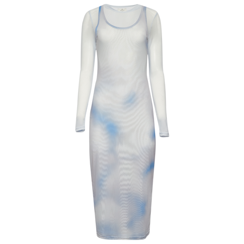  - Cozi Long Sleeve Layered Mesh Midi Dress - Cloud Print/Ombre Blue