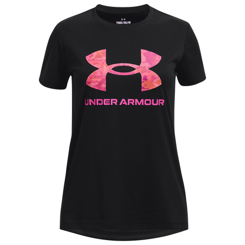 

Girls Under Armour Under Armour Tech Print T-Shirt - Girls' Grade School Black/Rebel Pink Size S