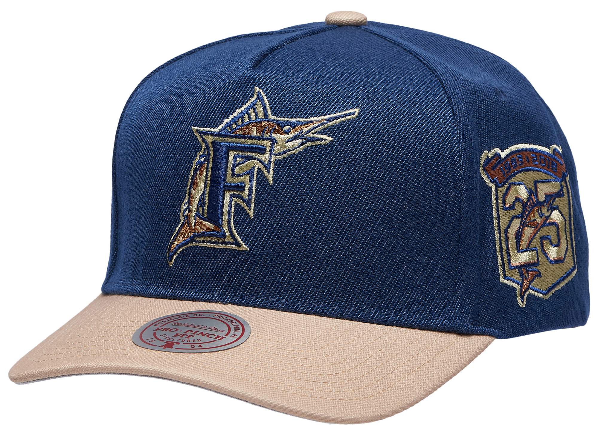 Mitchell & Ness Marlins Navy & Tan Pro Pinch Cap - Adult