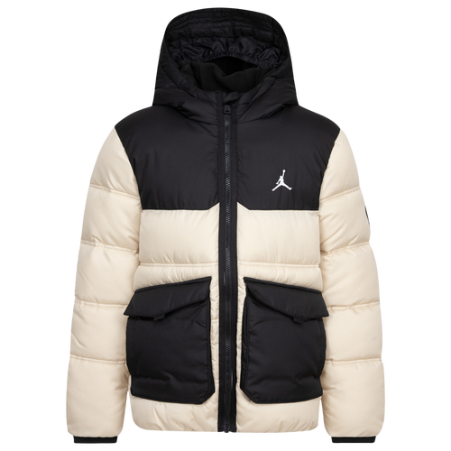 

Boys Jordan Jordan Faux Down Jacket - Boys' Grade School Black/Beige Size XL