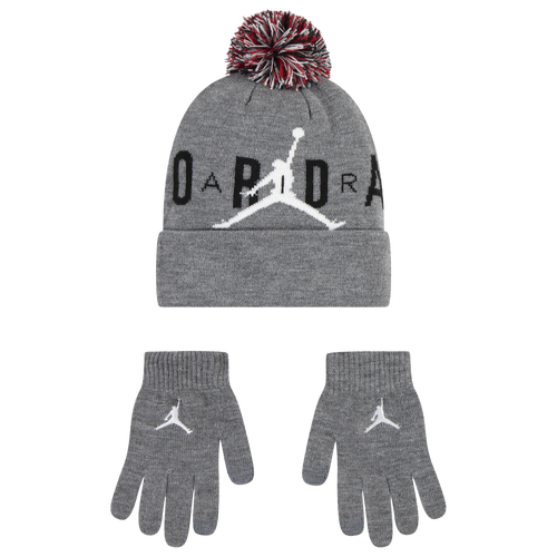 Boys Jordan HBR POM BEANIE SET - Boys' Grade School Carbon Heather/Red/Black Size One Size