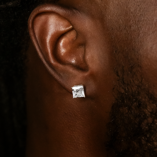 MENS - GLD 7MM Square Cut Diamond Stud Earrings - White Gold