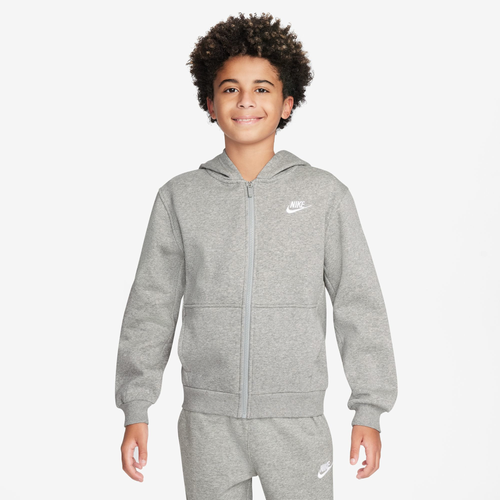 

Nike Boys Nike NSW Club Fleece Full-Zip LBR Hoodie - Boys' Grade School Dark Grey Heather/White Size S