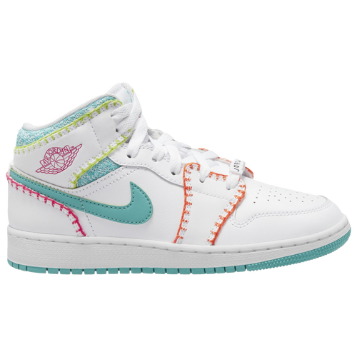 

Boys Jordan Jordan AJ 1 Mid SE - Boys' Grade School Shoe White/Washed Teal/Rush Pink Size 06.0