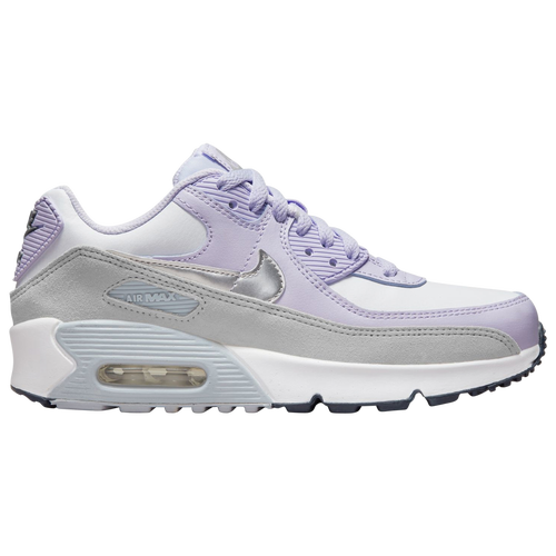 

Girls Nike Nike Air Max 90 - Girls' Grade School Shoe White/Metallic Silver/Violet Frost Size 07.0