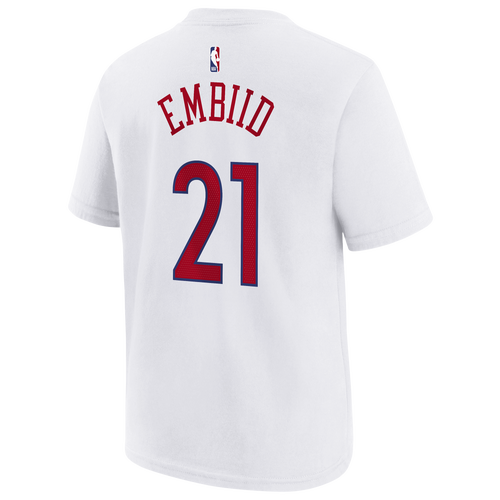 

Nike Boys Joel Embiid Nike 76ers City Edition Name & Number T-Shirt - Boys' Grade School White/Red Size L