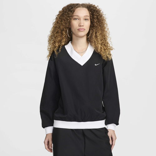 Nike Women's  Sportswear Essential Loose Uv Woven Long-sleeve V-neck Top In Black/white
